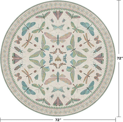 Hazo Haus Green and Blue Insect 6ft Round Soft Rugs for Nursery, Bedroom Beside Bed - Non Skid Rug Low Pile Washable Living Room Rugs, Forest Butterfly Design Stain Resistant Home Décor