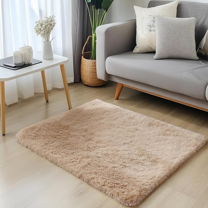OLANLY 2x2 Machine Washable Small Rug, Soft Fluffy Shaggy Throw Rug for Bedroom, Entryway, Indoor Floor Carpet for Kids, Nursery, Home Decor, Beige