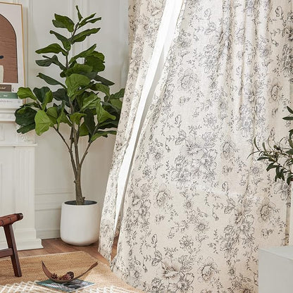 jinchan Linen Floral Curtains 84 Inch Length for Living Room Bedroom Light Filtering Farmhouse Peony Flower Drapes Rustic Window Curtain Set Rod Pocket Back Tab 2 Panels Black