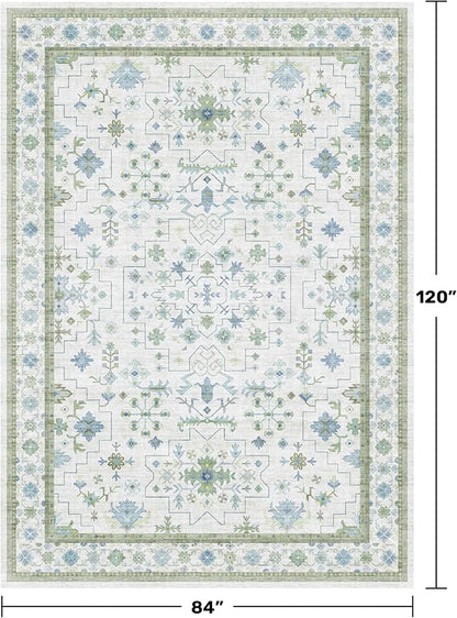 Hazo Haus Blue and Green Living Room Rug 7x10 - Cream Oushak Vintage Boho Floral Farmhouse, Washable Low Pile Non-Slip Extra Large Area Rugs for Bedroom, Kids, Lounge