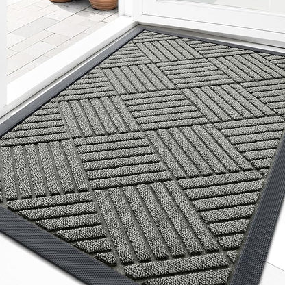 OLANLY Front Door Mat Outside Entrance 35x23, Absorbent, Heavy Duty Sturdy Natural Rubber Doormat Indoor Outdoor, Stain Fade Resistant, Non-Slip Low Profile Floor Mat for Entryway, Modern Gray Diamond