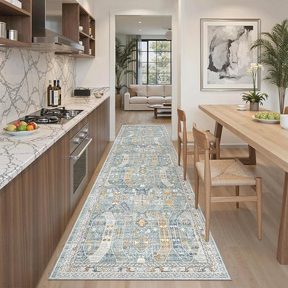 Madane Runner Rug 2'6''x8' Kitchen Runner, Hallway Runner Printed Vintage Washable Rugs Soft Non-Slip Low Pile Runners for Hallways Laundry Room Distressed Carpet, Blue/Gold