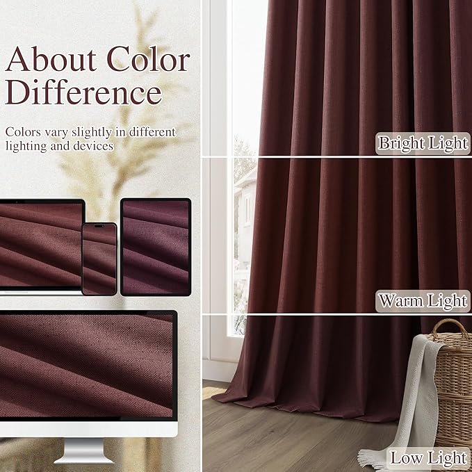 Guken 100% Blackout Curtains 90 Inch Length 2 Panels Set for Living Room Bedroom Back Tab Thermal Insulated Black Out Linen Drapes Room Darkening Reddish Brown,52x90