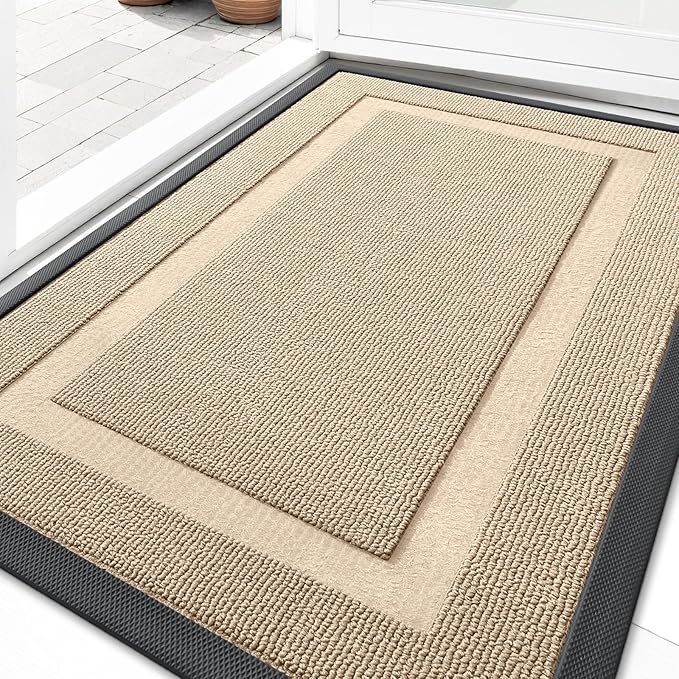 OLANLY Front Door Mat Indoor Outdoor Entrance, Waterproof All-Season, All-Weather Doormat, Sturdy Natural Rubber, Low Profile, Easy Clean Patio Porch Entryway Mat, 33x21, Off-White