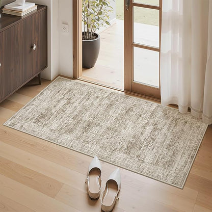2x4 Washable Rugs for Kitchen, Floor, Entryway, Powder Room Small Area Rug Non-Slip Vintage Low Pile Throw Door Mat Brown