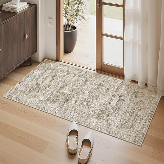2x4 Washable Rugs for Kitchen, Floor, Entryway, Powder Room Small Area Rug Non-Slip Vintage Low Pile Throw Door Mat Brown