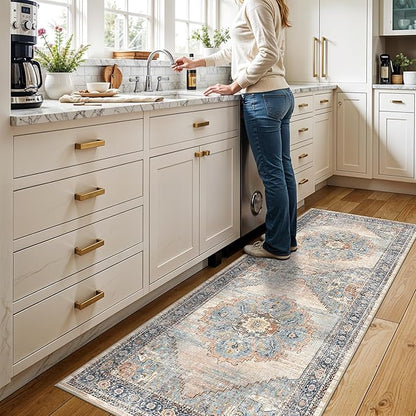TOPRUUG Washable 3x7 Runner Rug: 7ft Non-Slip Stain Resistant Rugs for Hallway Durable Light Weight Blue Kitchen Mat Ultra Thin Soft Low-Pile Floor Mat for Bedroom Entryway Home Decor (Blue, 3X7)