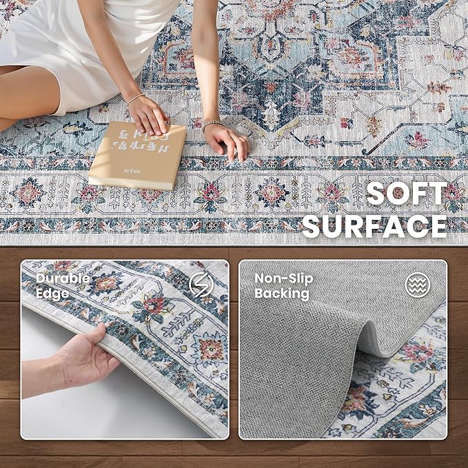 zesthome 6x9 Area Rugs, Machine Washable Rugs for Living Room, Bedroom,Stain Resistant Vintage Large Area Rug,Non-Slip Medallion Pattern Home Decor Rugs (Blue,6'x9')