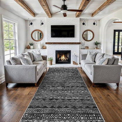 4x10 Washable Hallway Runner Rug：Moroccan Non-Slip Wide Runners for Entryway Kitchen Soft Modern Geometric Low-Pile Rugs for Living Room Thin Waterproof Carpet for Bedroom Bathroom Laundry(Black,4x10)