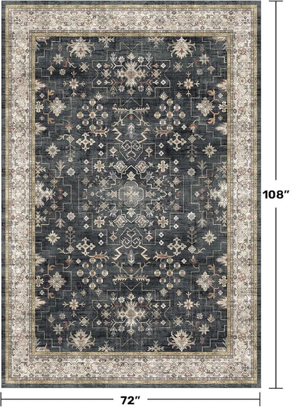 Boho Dining Room Rugs for Under Table - 6x9 Washable Black Area Rug For Living Room, Low Pile Non-Slip Rugs for Bedroom, Office - Charming Farmhouse Decor & Stain Resistance (6x9 Black/Multi)
