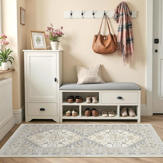 2x5 Rug Runner Washable for Entryway, Soft Bathroom Rugs with Non-Slip Backing,Vintage Low Pile Stair Runner, Small Kitchen Carpet for Hallways, Laundry Room(Beige,2'x5')