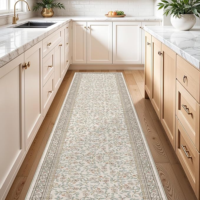 TOPRUUG 2x12 Washable Runner Rug - 12ft Runners for Hallway Non Slip Kitchen Rugs Soft Low Pile Carpet for Bedroom Bathroom Stain Resistant Vintage Floral Floor Mat Home Decor (Floral/Cream, 2X12)