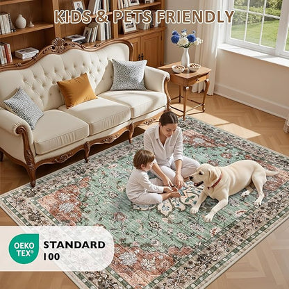 5x7 Area Rugs Living Room Rug: Washable Vintage Distressed Floral Rug No Slip Stain Resistant Soft Carpet Indoor Large Carpets for Bedroom Dining Room Farmhouse Nursery Hallway Home Office Brown Green
