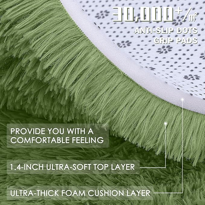 OLANLY Green Round Rugs for Bedroom - Machine Washable, 5 ft Circle Area Rugs for Living Room, Soft and Fluffy Shaggy Carpet for Teen Girl and Boys, Nursery Rooms, Dorms, Home Decor Aesthetic