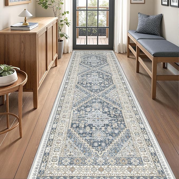 3x10 Runner Rug Non Slip Washable for Entryway, Front Porch, Vintage Hallway Runner for Laundry Room, Bedroom, Stain Resistant Thin Indoor Kitchen Mats for Floor(Blue/Beige,3'x10')