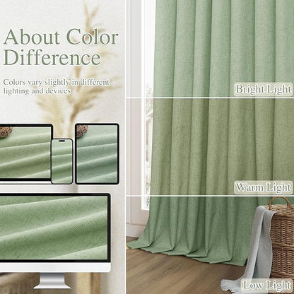 Guken 100% Blackout Linen Curtains 100 Inch Length 2 Panels Set for Living Room Bedroom Back Tab Thermal Insulated Black Out Linen Drapes Room Darkening Window Curtains,Light Sage