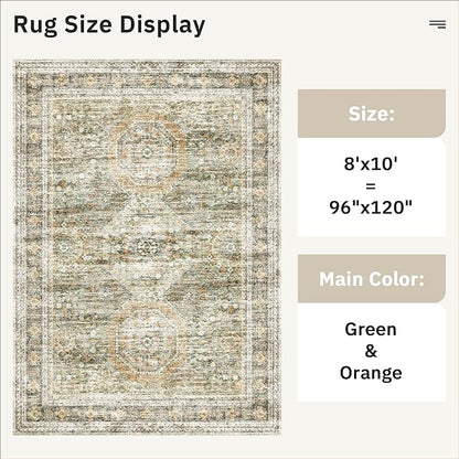 Soalmost Washable Area Rug 8x10, Large Soft Rugs for Living Room Vintage 8x10 Area Rugs for Bedroom Dining Room Non-Slip Stain Resistant Under Table Green Orange Rug