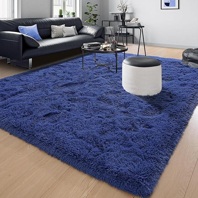 Tepook Fluffy Large Rugs for Living Room, Shag Area Rug 6x9 Soft Carpet for Bedroom, Modern Shaggy Rug for Kids Boys Girls, Plush Indoor Nursery Home Decor Rug with Non-Slip Bottom, Navy, 6 X 9 Feet