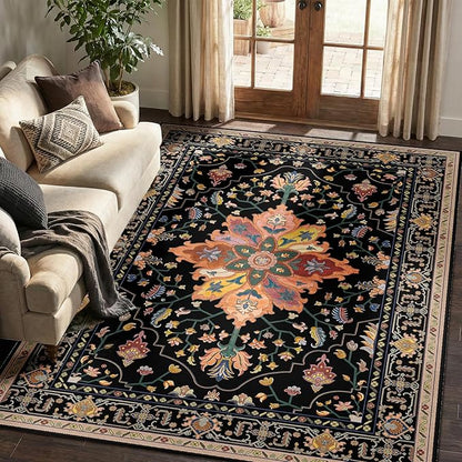 Area Rugs 5'x7' Washable Non-Slip, Floral Vintage Distress Print Pattern Medallion Carpet for Living Room Bedroom Dining Room, Black Colorful Floral Dark Tan
