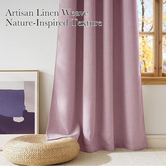 NICETOWN Pink Faux Linen Room Darkening Rod Pocket Curtains 63 inch Length, W42 x L63, Light Blocking Thermal Insulated Noise Reducing Drapes for Bedroom Living Room Farmhouse Decor, 2 Panels