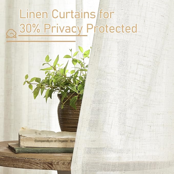 LAMIT 54 Inch Semi Sheer Window Linen Curtains, Light Filtering Panels Back Tab and Rod Pocket Neutral Drapes for Bedroom/Living Room, Cream, 2 Panels, 34 x 54 Inch