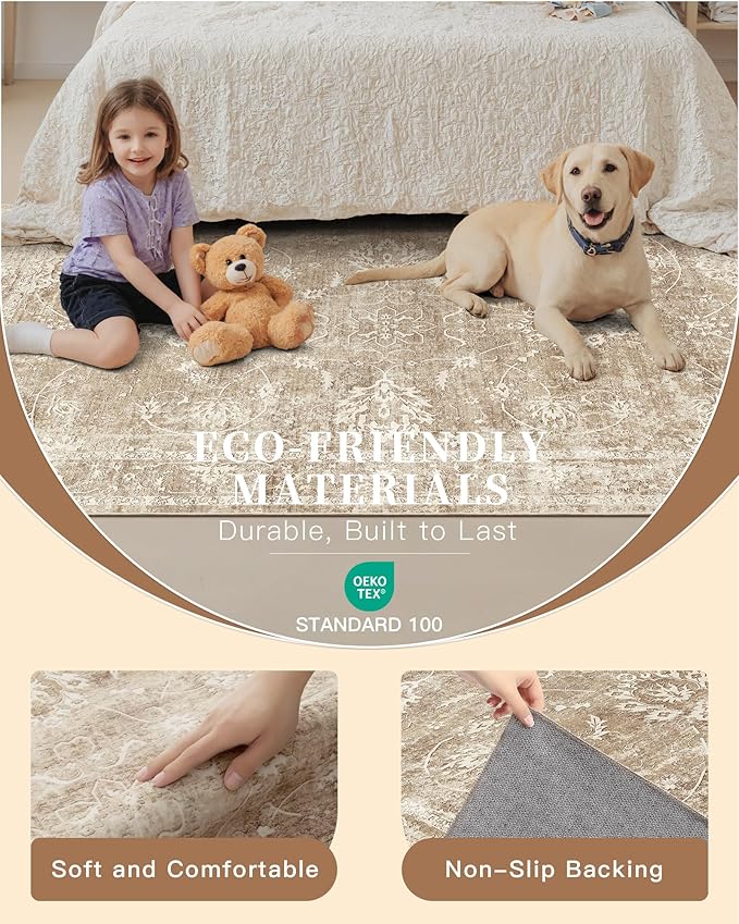 Madane Washable 6x9 Area Rugs for Living Room, Vintage Natural Rug with Non-Slip Backing, Soft Stain Resistant Throw Rugs Thin Carpet for Bedroom Dining Room Farmhouse (6 x 9, Beige/Brown)