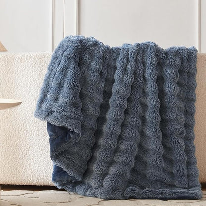 COOVA Faux Fur Throw Blanket for Couch, Cozy Soft and Fuzzy Plush Rabbit Fur Bubble Blanket for Sofa Bedroom Living Room, 50x60 Inches Cationic Dark Blue