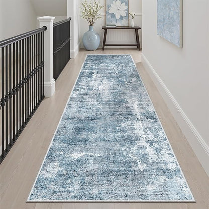 Washable Runner Rug, 2'6" x 8' Non-Slip Kitchen Vintage Foldable Hallway Runners for Entryway, Laundry, Bedroom, Blue