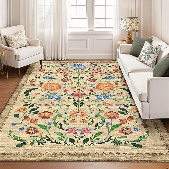 GarveeHome Washable Rug 8x10 Area Rugs for Living Room, Floral Rug for Bedroom, Soft Vintage Non Slip Throw Rugs with Rubber Back, Low Pile Stain Resistant Boho Floral Carpet for Dining Room, Beige