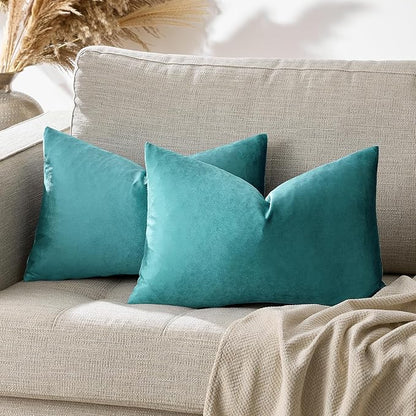 GIGIZAZA Decorative Small Lumbar Pillow Covers,Set of 2 Cushion Covers Velvet Teal Peacock Green Pillows,Sofa Throw 12 X 20 Pillow Covers