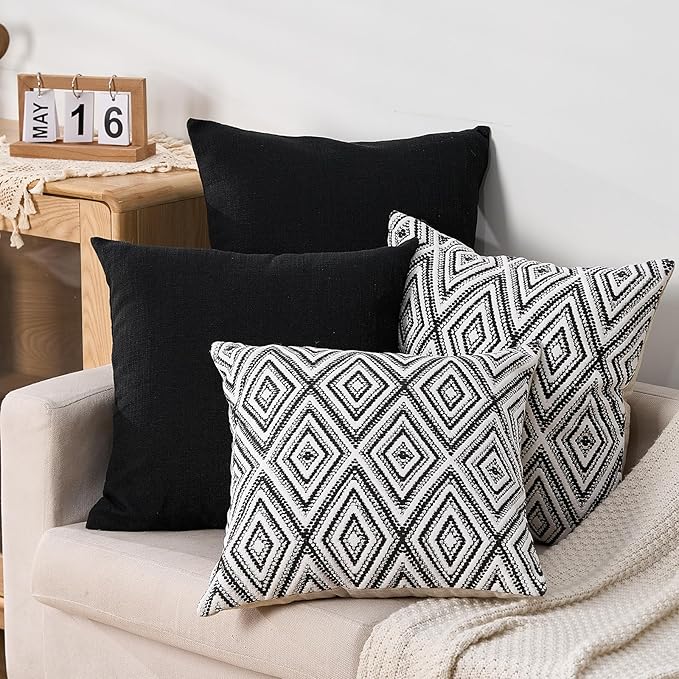 HPUK Decorative Throw Pillow Covers Set of 4 Geometric Design Linen Cushion Cover for Couch Sofa Living Room, 18"x18" inches, Black