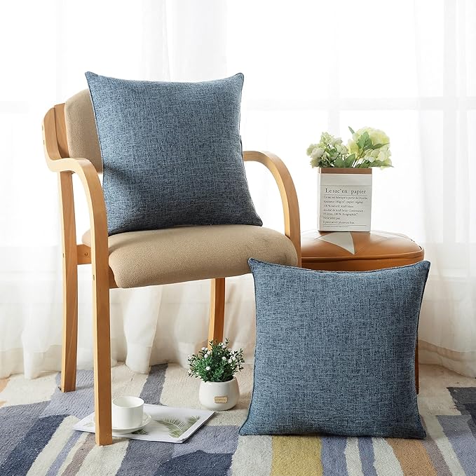 HPUK Linen Throw Pillow Covers Pack of 2, 18x18 Inch Accent Cushion Covers for Living Room, Bedroom, Decorative Solid Color Pillow Covers for Couch, Sofa, Chair, Blue