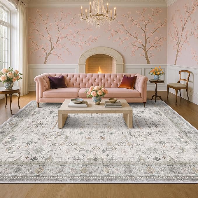 Hazo Haus Boho Light Grey Living Room Rug 10x14 - Modern Vintage Eclectic Floral Pastel Neutral Taupe, Washable Low Pile Non-Slip Extra Large Area Rugs for Dining Under Table Bedroom Lounge