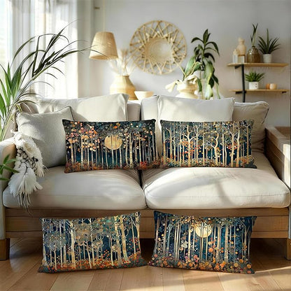 Rustic William Morris Inspired Forest Moon Decor Pillow Covers 12x20 Set of 4,Vintage Botanical Nature Landscape Decorative Throw Pillow Covers for Home Bedroom Living Room,Fall Home Room Decor