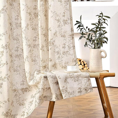 Lazzzy 90 Inch Curtain for Living Room Taupe Floral Drapes Linen for Bedroom Dining Room Farmhouse Vintage Light Filtering Curtains Rod Pocket Back Tab, 2 Panels Set, Taupe on Beige