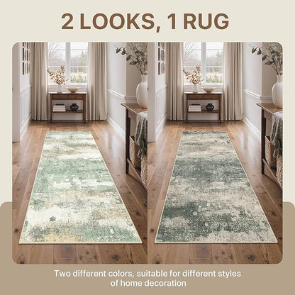 BEIMO Reversible 2'6"x6' Runner Rugs for Hallway, Modern Abstract Dual-Sided Runners for Entryway, Machine Washable Soft Low Pile Kitchen Runner, Includes Non-Slip Rug Pad, Green & Grey