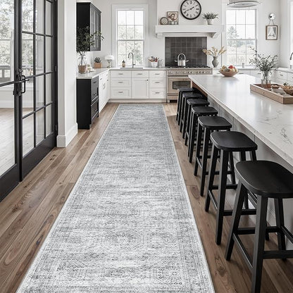 Runner Rug 2'6" x 14' Washable Non-Slip Runner Rugs for Kitchen Bathroom Laundry Room Vintage Ultra Thin Runners for Hallway Entryway Grey