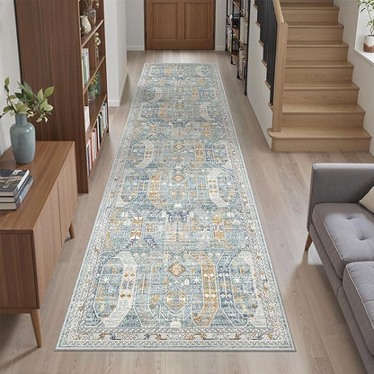 Madane Runner Rug 2x8, Washable Hallway Runner Rugs, Non-Slip Low-Pile Soft Kitchen Rug Runner Laundry Room Rug, Vintage Throw Entry Foyer Mat for Entrance Living Room (Blue/Gold, 2 x 8)