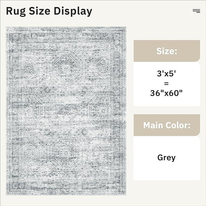 Soalmost 3x5 Rug, Small Area for Kitchen, Entryway, Machine Washable Non-Slip Throw Rug, Vintage Carpet for Nursery Coffee Table Grey