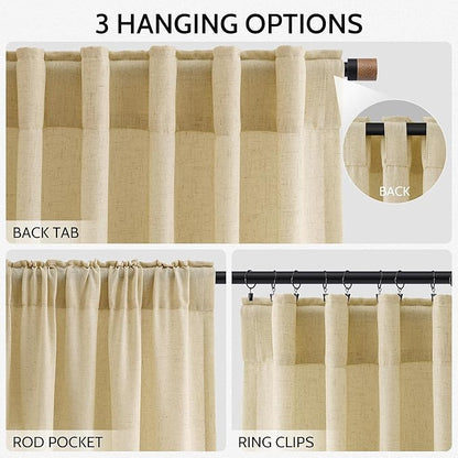 Nanspring Cream Yellow Linen Curtains 90 Inches Long for Living Room Light Filtering Modern Farmhouse Sheer Curtains Back Tab and Rod Pocket Curtain for Bedroom Office 52x90, 2 Panels