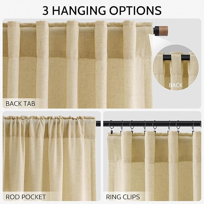 Nanspring Cream Yellow Linen Curtains 84 Inch Length for Living Room Modern Farmhouse Light Filtering Sheer Curtain Back Tab and Rod Pocket Privacy Drapes for Bedroom Office 52x84, 2 Panels