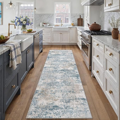 Blue 2x8 Runner Rug Washablel Abstract Hallway Carpet Modern Neutral Non Slip Soft Carpet Low Pile Contemporary Aesthetic Long Rug for Bathroom Laundry Kitchen Bedroom