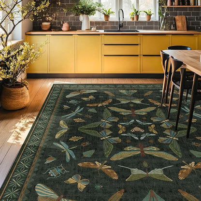 Hazo Haus Forest Green Rugs for Living Room - 9x12 Big Rugs for Bedroom, Dining Room, Guest Room, Insect Moth Décor, Non Slip Low Pile