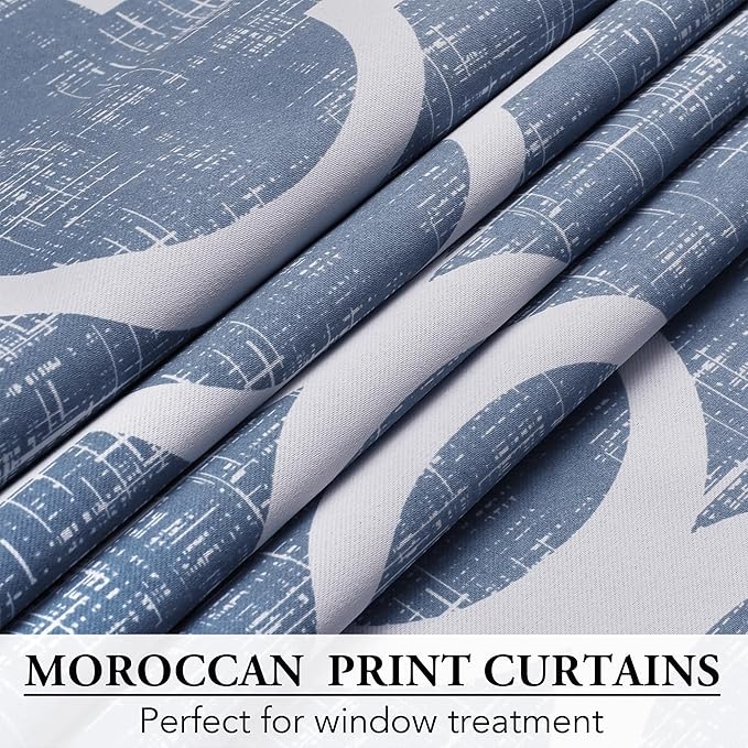 Beauoop 100% Blackout Curtains 63 Inches Long 2 Panels for Bedroom Living Room Blue Moroccan Geo Room Darkening Thermal Insulated Soundproof Grommet Top Window Treatments Drapes, 50x63 Set of 2