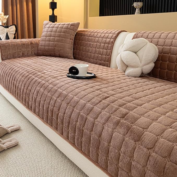 Velvet Couch Cover, Plush Sectional Sofa Cover Washable, Anti Slip Sofa Slipcover for 3-4 Cushions Sofas, Furniture Protector Covers for Pets & Kids(1PC, Dark Brown, 35.4"×82.6", 3-4 Seater)