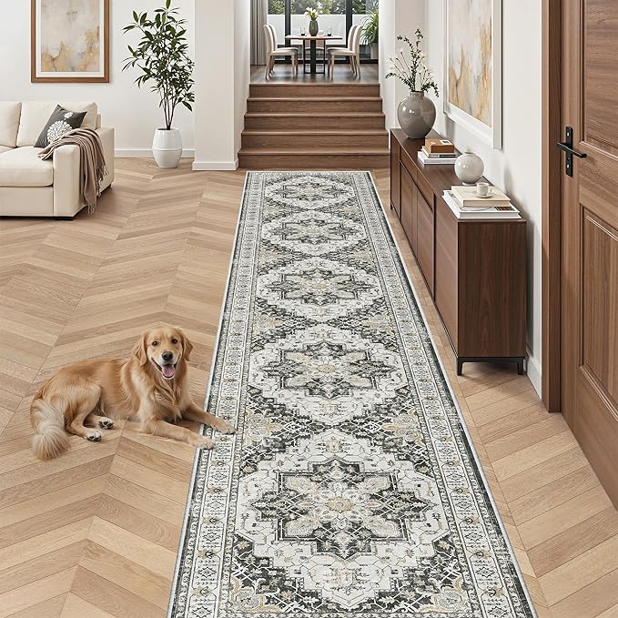 Madane Hallway Runner Rug 2'6''x14' Kitchen Runner, Non Slip Vintage Runners for Hallways Washable Kitchen Rugs Soft Low Pile 2.5x14 ft Rug Runner for Laundry Room, Entryway and Bedroom, Black