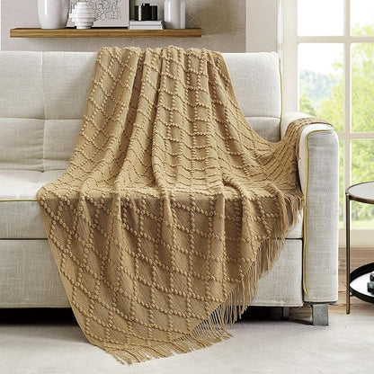 BOURINA Mustard Throw Blanket 50 x70 Inches Jacquard Argyle Throw Textured Solid Soft Throws and Blankets for Sofa or Bed Knitted Decorative Blanket