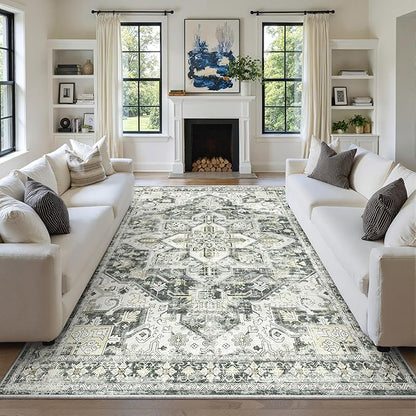zesthome 9x12 Area Rugs,Stain Resistant Washable Rug,Ultra-Thin Rugs for Living Room,Bedroom,Non-Slip Backing Home Decor Large Area Rug (Grey/Beige,9'x12')