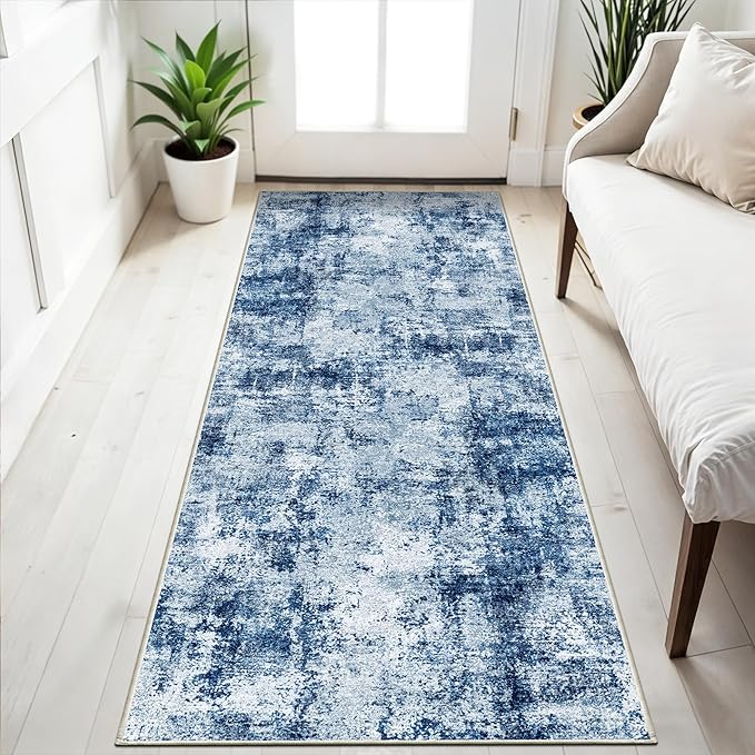 3x6 Washable Entryway Runner Rug: Non Slip Wide Hallway Runners Easy-to-Clean - Soft Living Room Bedroom Kitchen Carpet - Thin Low Pile Printed Floor Mat for Dining Room Blue