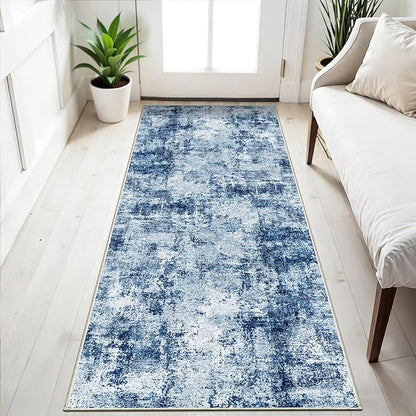 3x6 Washable Entryway Runner Rug: Non Slip Wide Hallway Runners Easy-to-Clean - Soft Living Room Bedroom Kitchen Carpet - Thin Low Pile Printed Floor Mat for Dining Room Blue